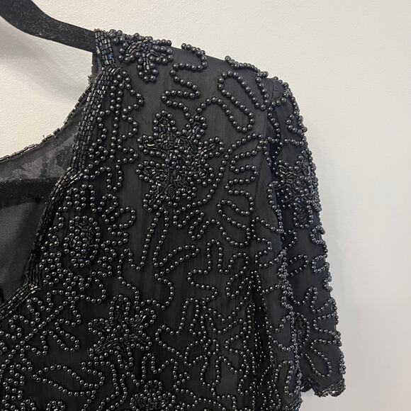 Vintage Laurence Kazar New York Black Beaded V Neck Short Sleeve silk xl Top - Picture 6 of 7